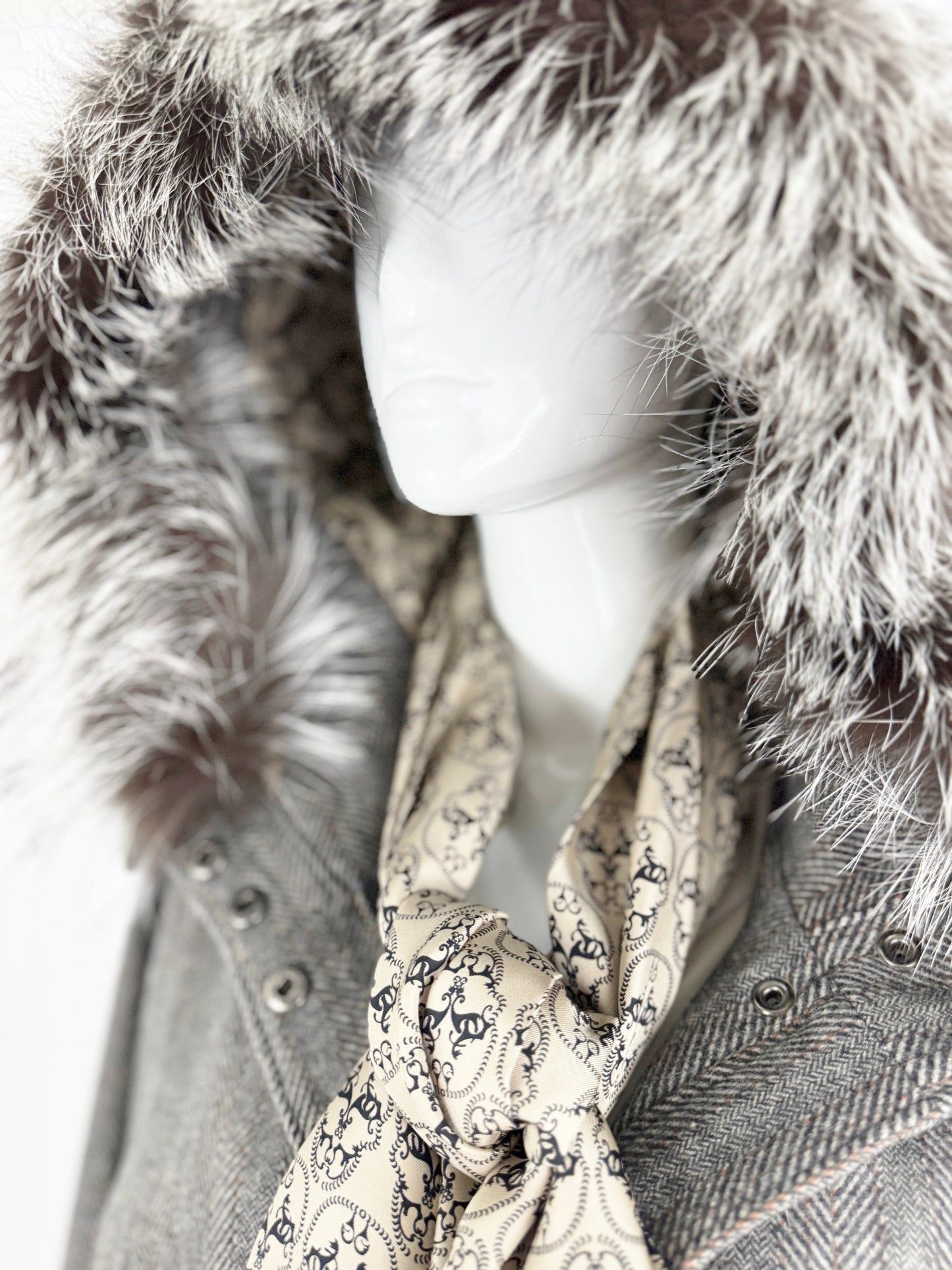 Thomas Wylde Herringbone Coat w/Fur Trim and Scarf Size 6