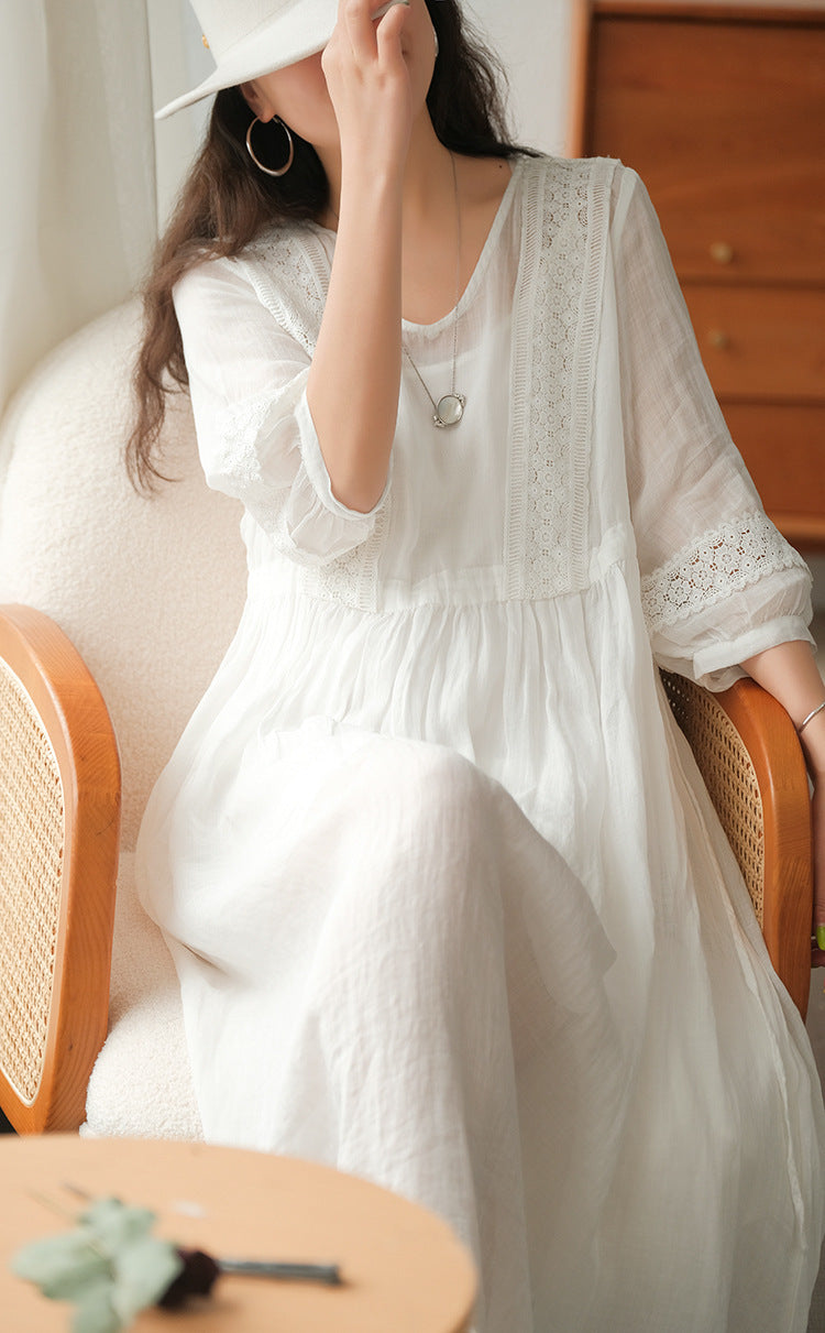 Robe artistique manches 3/4 à col V avec lacets