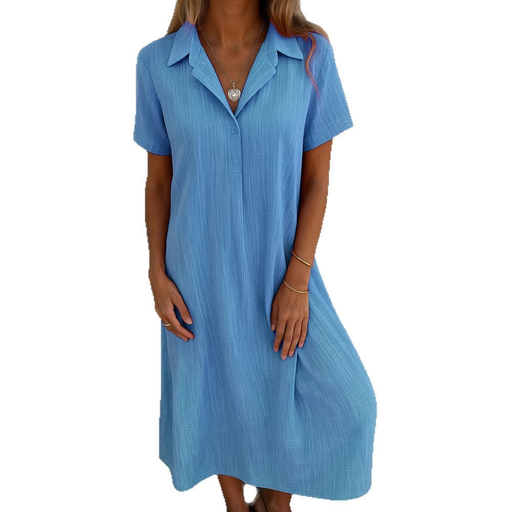 Robe Chemise Ample en Coton et Lin – Col V, Manches Courtes, Couleur Unie