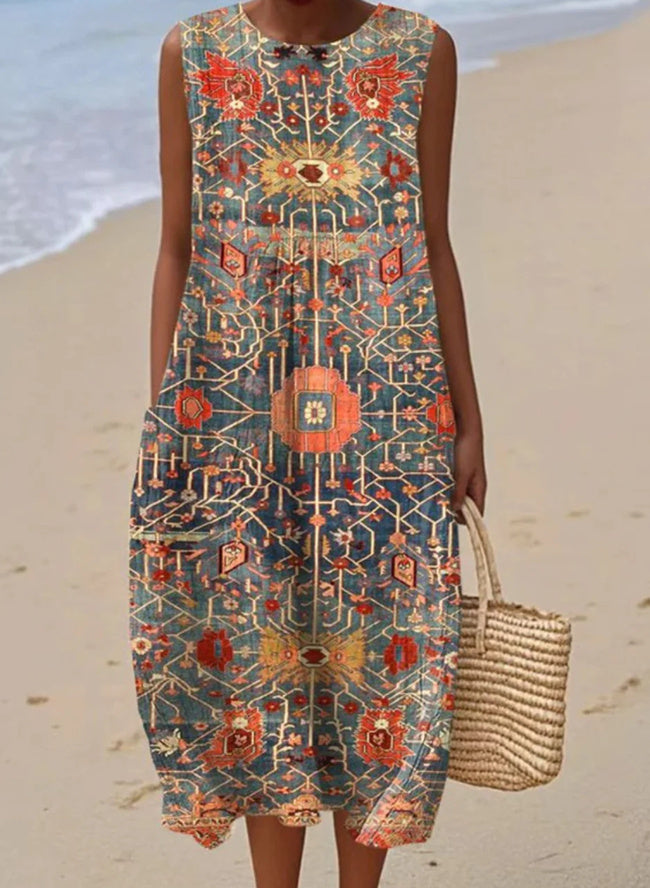 Robe Élégante à Imprimé Ethnique – Col en V et Manches Longues