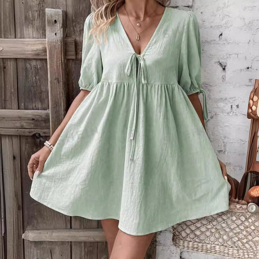 Robe Évasée à Lacets sur le Buste avec Décolleté Plongeant en V