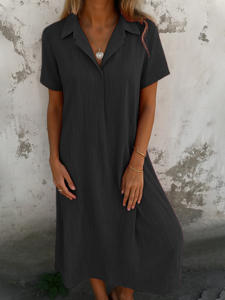Robe Chemise Ample en Coton et Lin – Col V, Manches Courtes, Couleur Unie