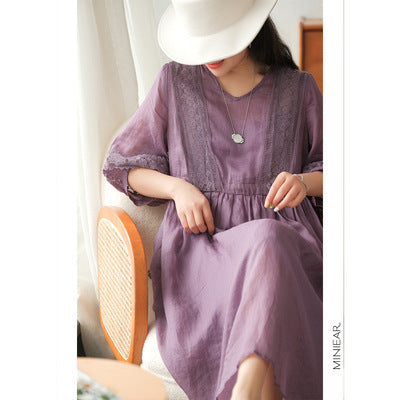 Robe artistique manches 3/4 à col V avec lacets