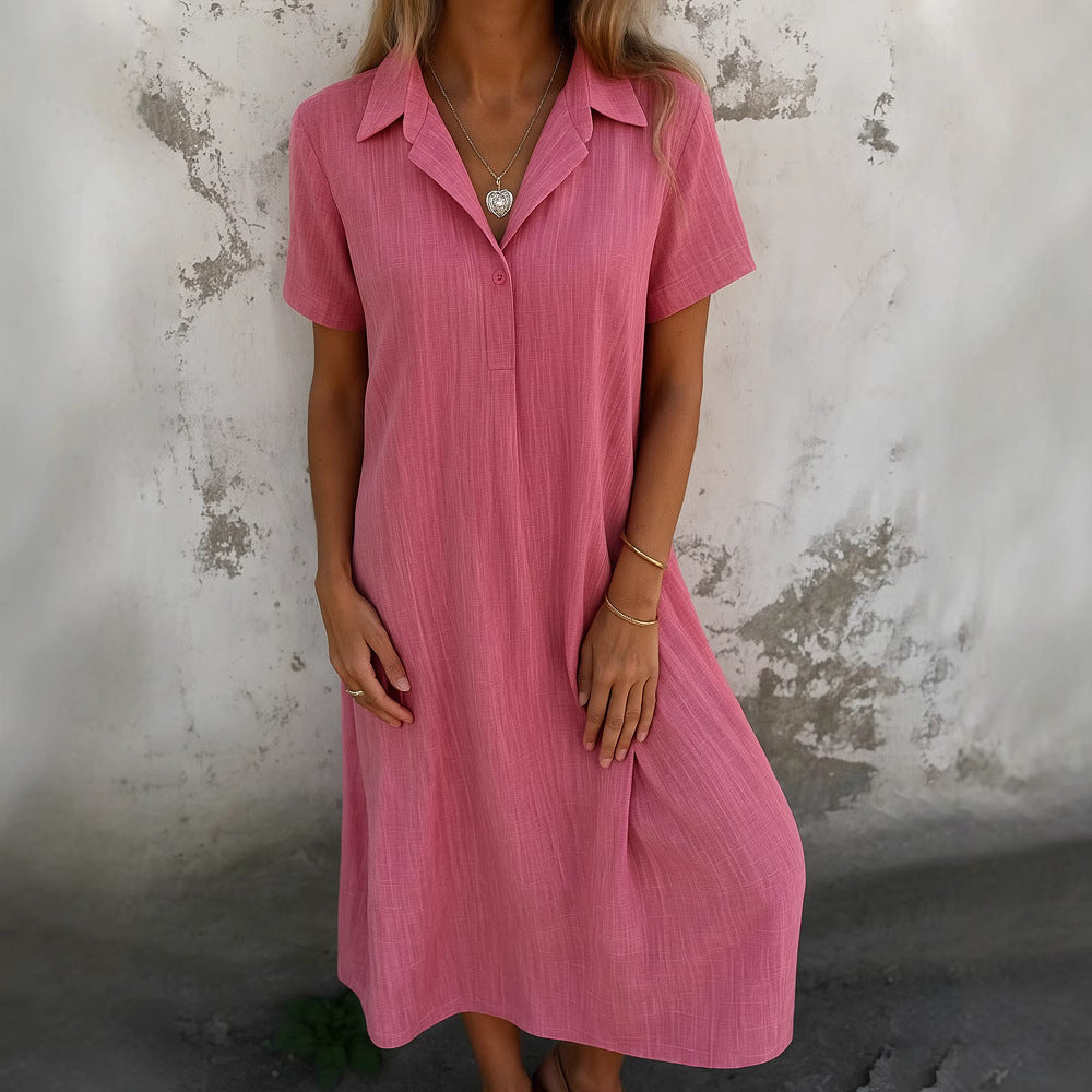Robe Chemise Ample en Coton et Lin – Col V, Manches Courtes, Couleur Unie