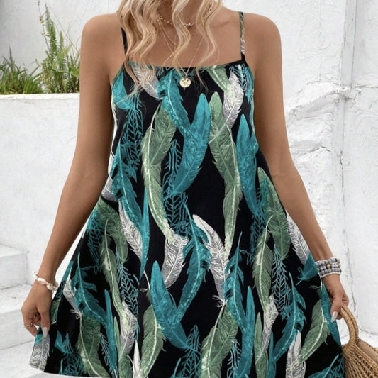 Robe à Bretelles Fines Imprimée avec Encolure Carrée