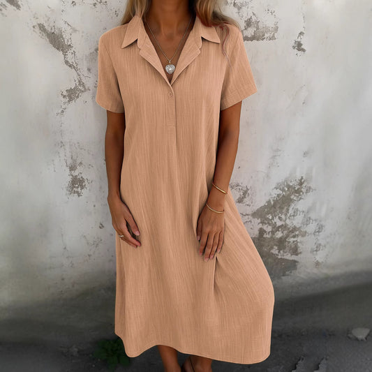 Robe Chemise Ample en Coton et Lin – Col V, Manches Courtes, Couleur Unie