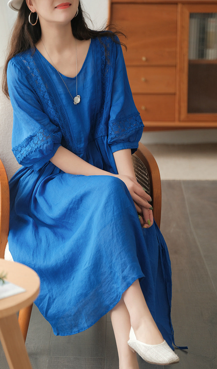 Robe artistique manches 3/4 à col V avec lacets