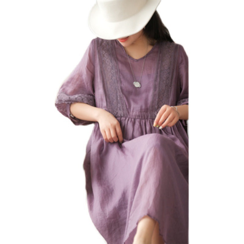 Robe artistique manches 3/4 à col V avec lacets