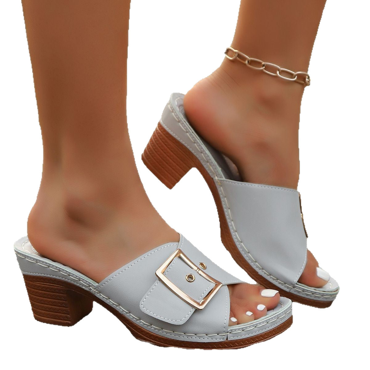 Pantoufles d'été 2025 femme – Talon épais & boucle métal
