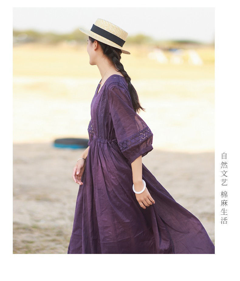 Robe artistique manches 3/4 à col V avec lacets