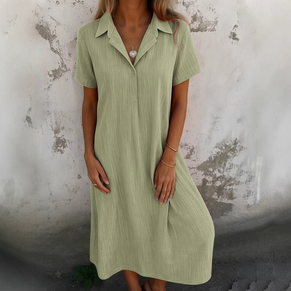 Robe Chemise Ample en Coton et Lin – Col V, Manches Courtes, Couleur Unie