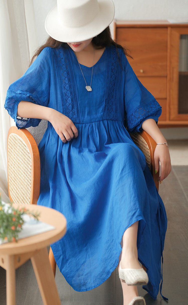 Robe artistique manches 3/4 à col V avec lacets