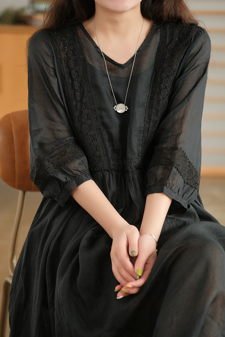Robe artistique manches 3/4 à col V avec lacets