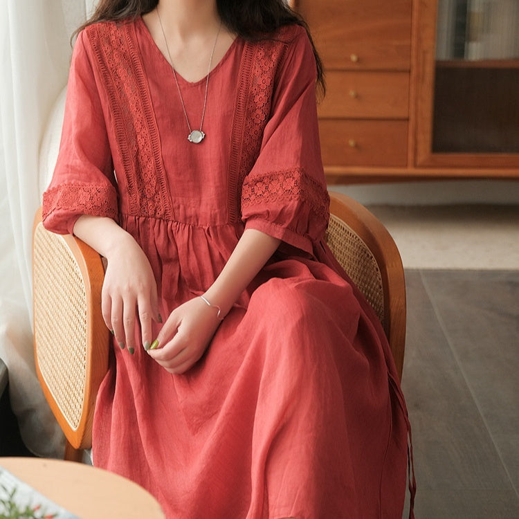 Robe artistique manches 3/4 à col V avec lacets