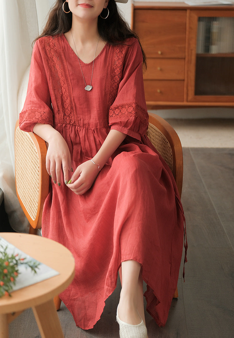 Robe artistique manches 3/4 à col V avec lacets