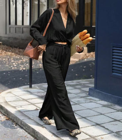 Costume haut à manches longues et col en v pour femmes, vêtements à la mode