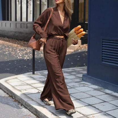 Costume haut à manches longues et col en v pour femmes, vêtements à la mode