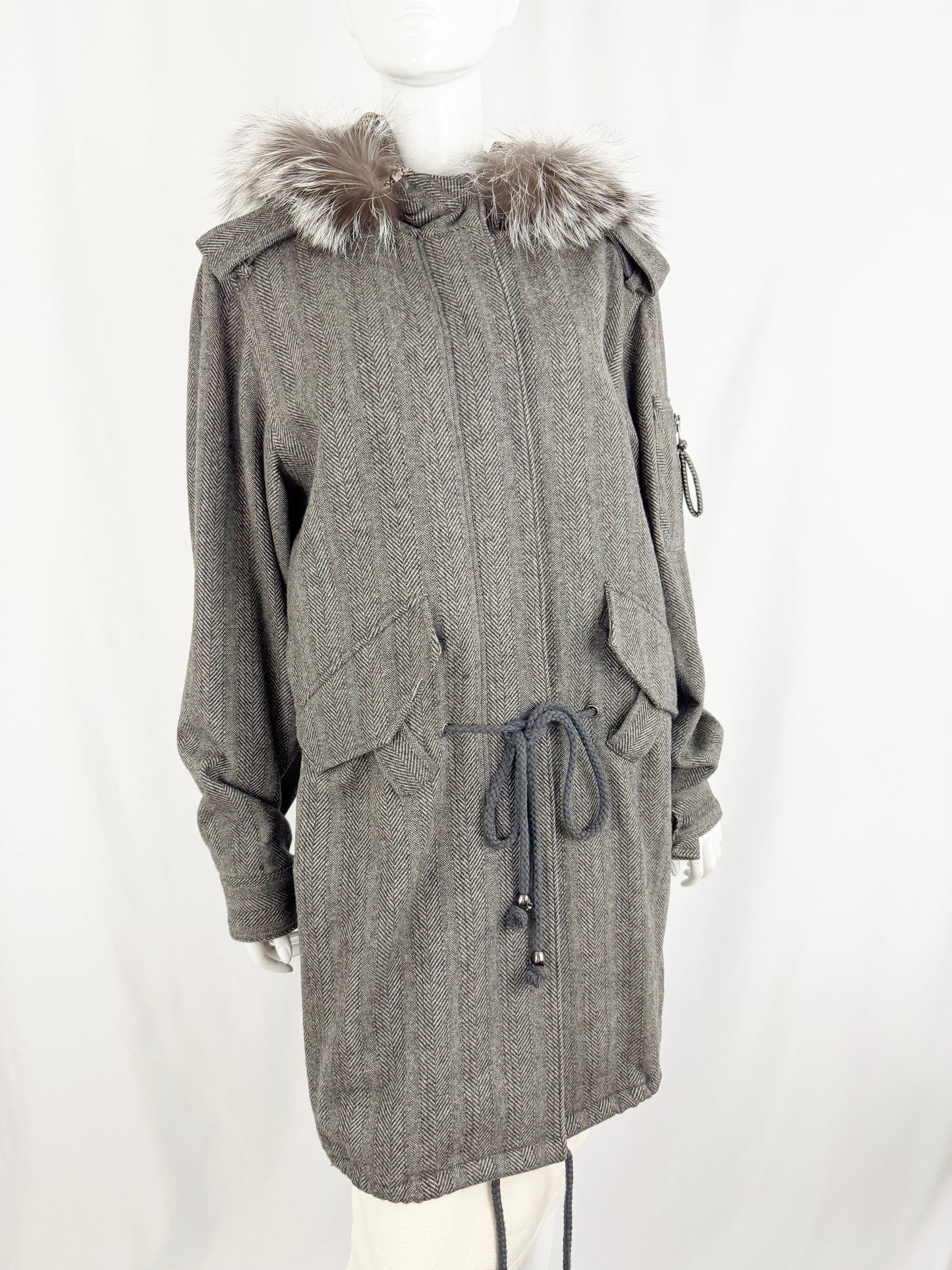 Thomas Wylde Herringbone Coat w/Fur Trim and Scarf Size 6