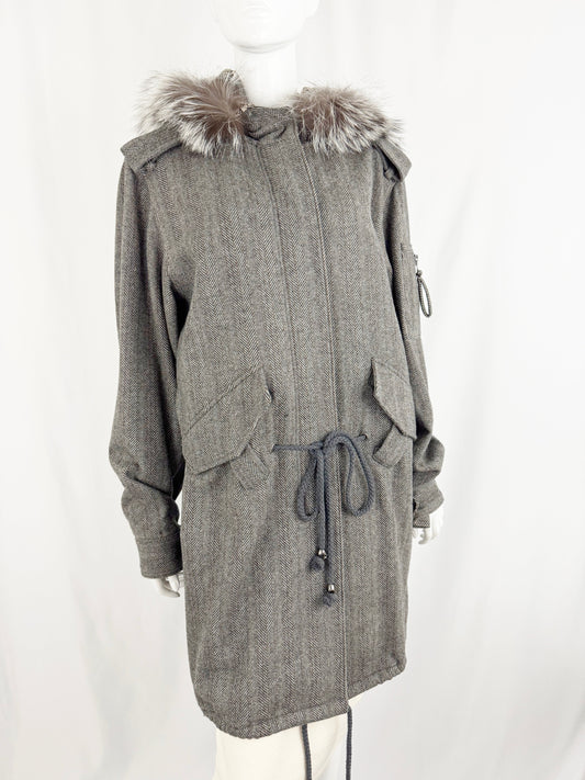 Thomas Wylde Herringbone Coat w/Fur Trim and Scarf Size 6