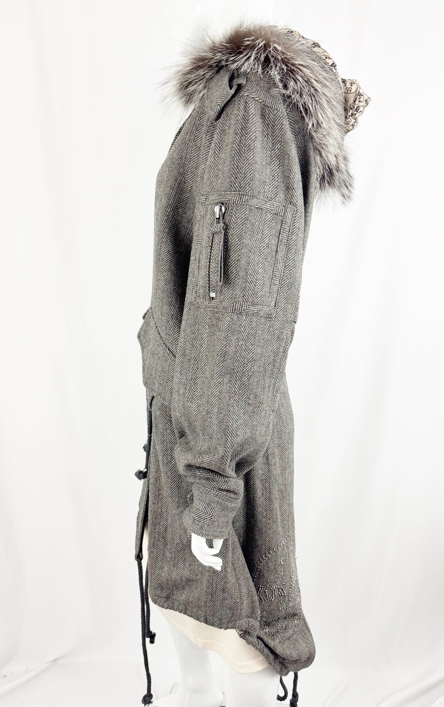 Thomas Wylde Herringbone Coat w/Fur Trim and Scarf Size 6