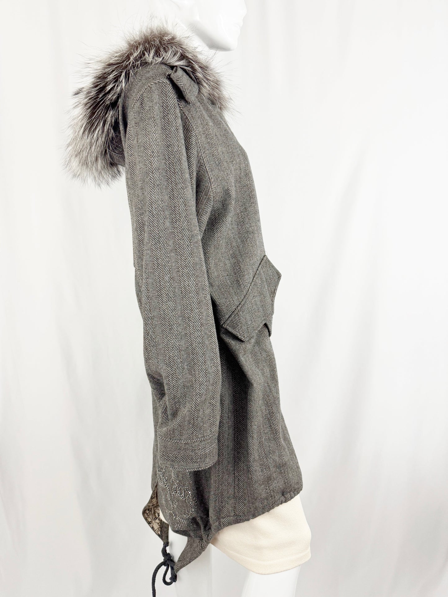 Thomas Wylde Herringbone Coat w/Fur Trim and Scarf Size 6