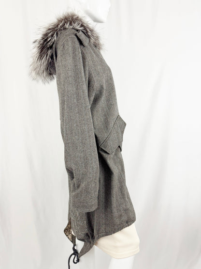 Thomas Wylde Herringbone Coat w/Fur Trim and Scarf Size 6