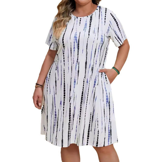 Robe Décontractée à Rayures Imprimées – Coupe Ample et Manches Courtes