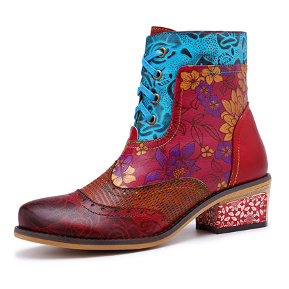 Bottes ethniques rétro décontractées, impression de dentelle, bottes de cowboy à motif foncé
