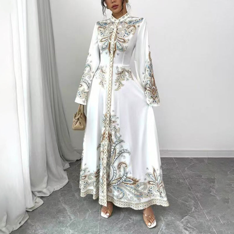 Robe Maxi Élégante à Col Montant avec Imprimé Floral – Manches Longues Fluides