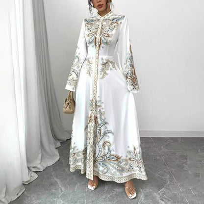 Robe Maxi Élégante à Col Montant avec Imprimé Floral – Manches Longues Fluides