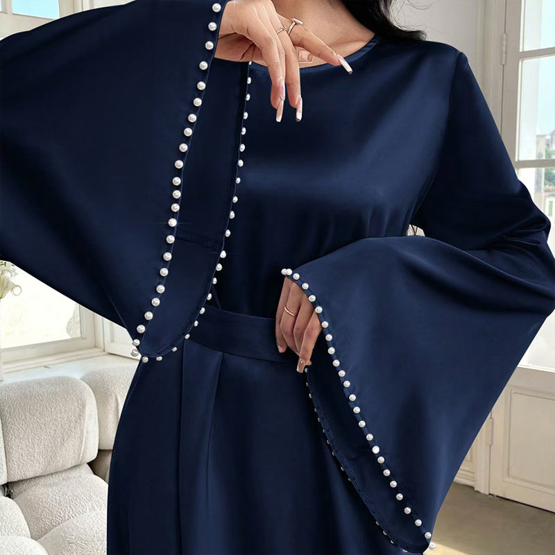 Robe Longue Élégante à Manches Longues avec Détail de Perles