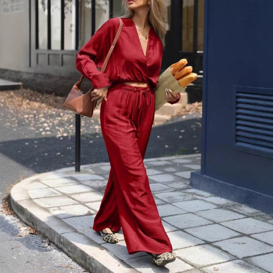 Costume haut à manches longues et col en v pour femmes, vêtements à la mode