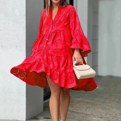 Robe ample dentelle brodée | Col en V féminin

