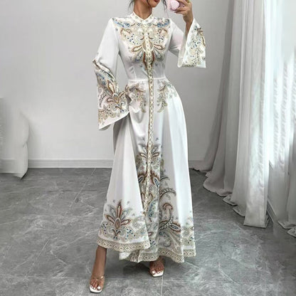 Robe Maxi Élégante à Col Montant avec Imprimé Floral – Manches Longues Fluides