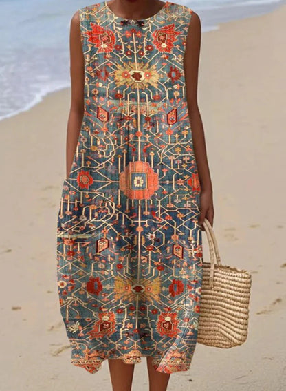 Robe Élégante à Imprimé Ethnique – Col en V et Manches Longues