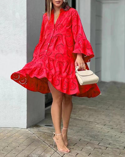 Robe ample dentelle brodée | Col en V féminin

