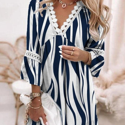 Printemps imprimé dentelle couture bohème décontracté vacances style robe