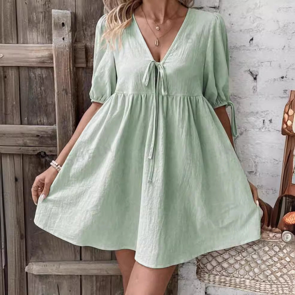 Robe Évasée à Lacets sur le Buste avec Décolleté Plongeant en V