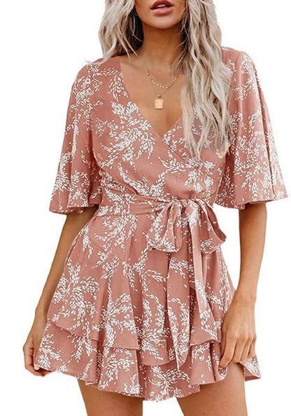 Robe plissée florale à col en V, manches évasées et ceinture à la taille