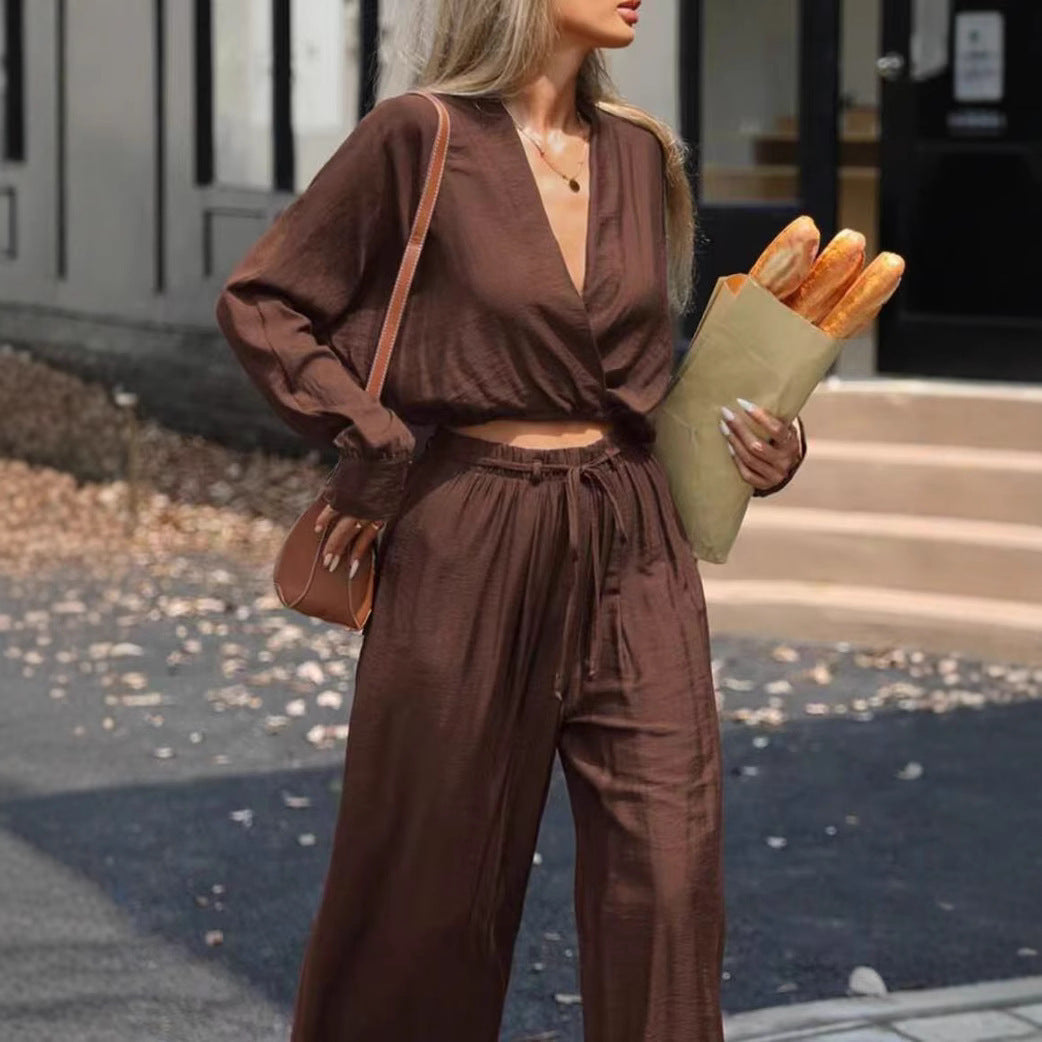 Costume haut à manches longues et col en v pour femmes, vêtements à la mode