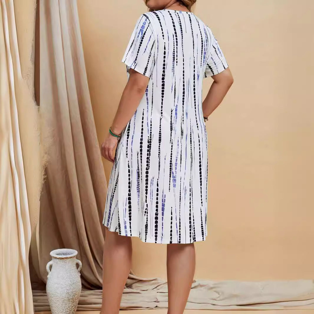 Robe Décontractée à Rayures Imprimées – Coupe Ample et Manches Courtes