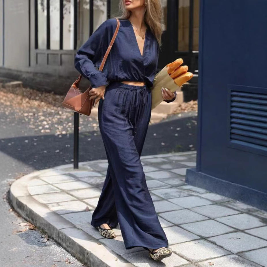 Costume haut à manches longues et col en v pour femmes, vêtements à la mode