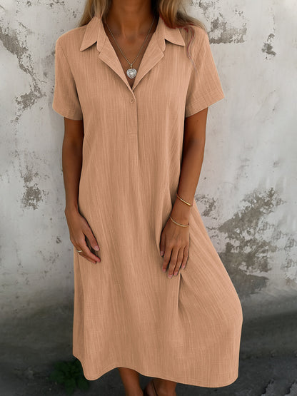 Robe Chemise Ample en Coton et Lin – Col V, Manches Courtes, Couleur Unie
