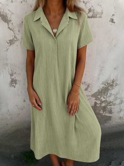 Robe Chemise Ample en Coton et Lin – Col V, Manches Courtes, Couleur Unie
