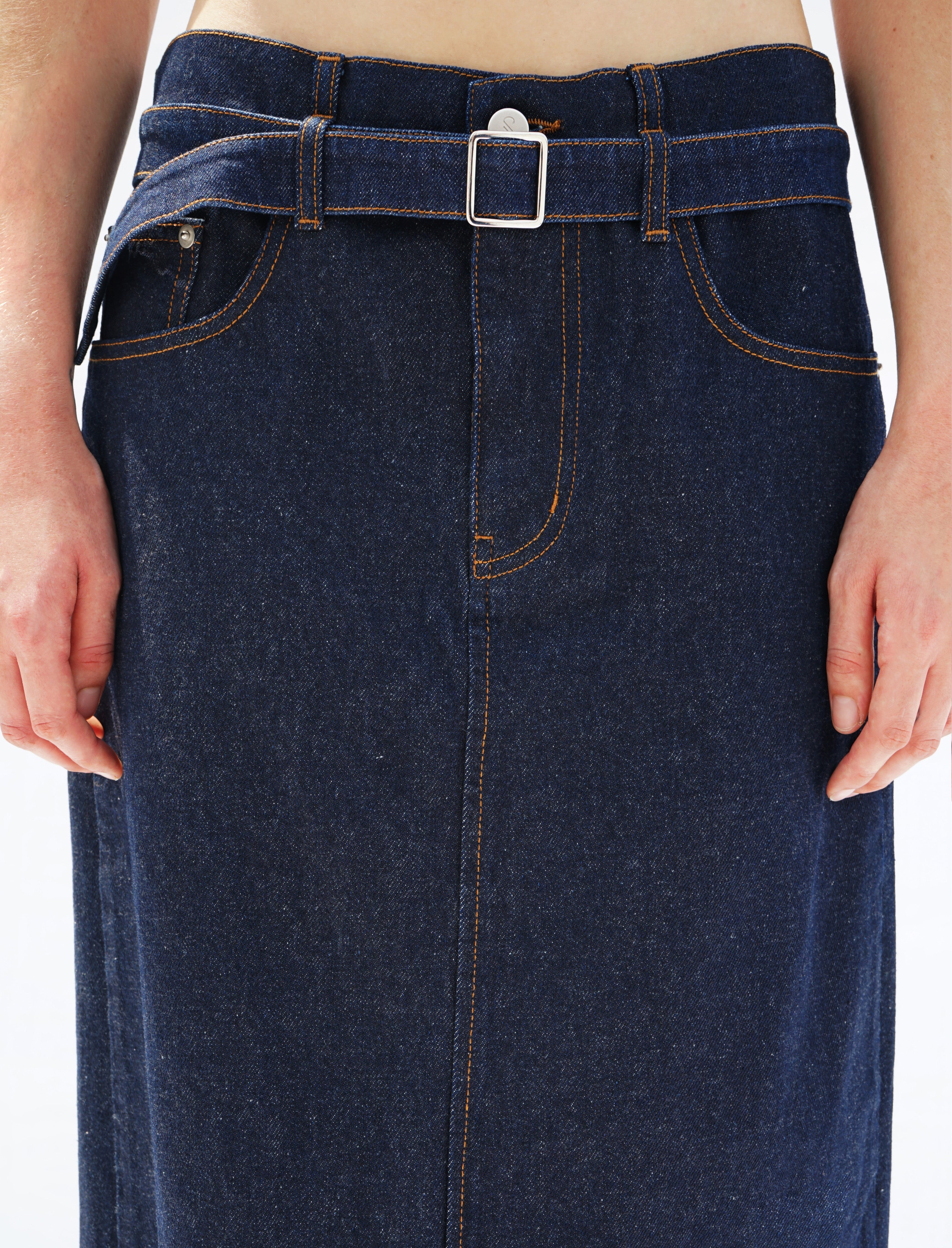 Cali Women's Denim Midi Skirt | Center Slit, Slim Fit 5