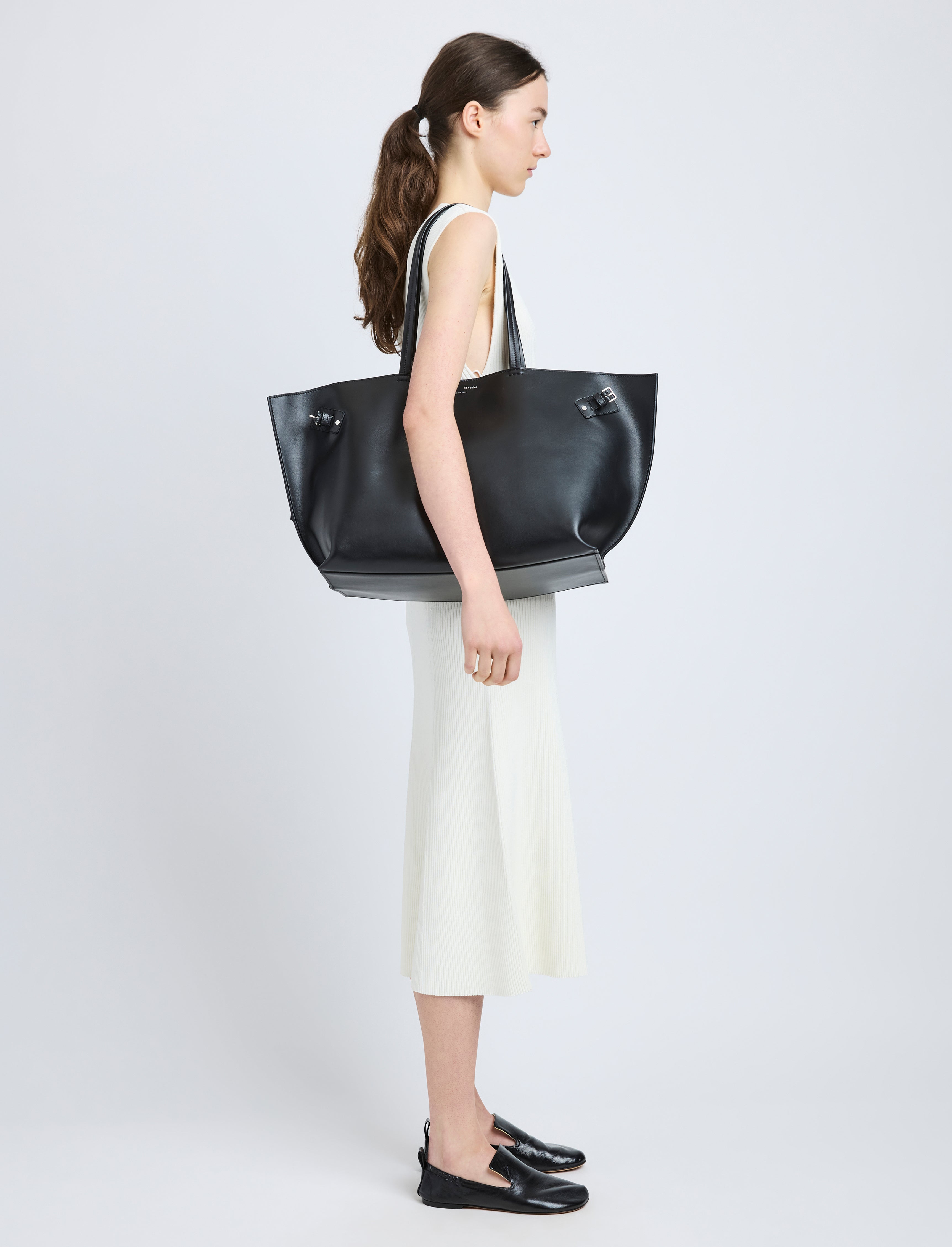 Daisy Women's Tote Bag | Black Smooth Leather, Adjustable Side Buckles 1
