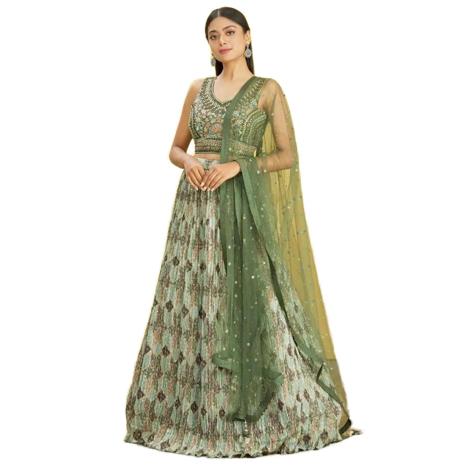 Embroidered Green Chinon Lehenga Choli