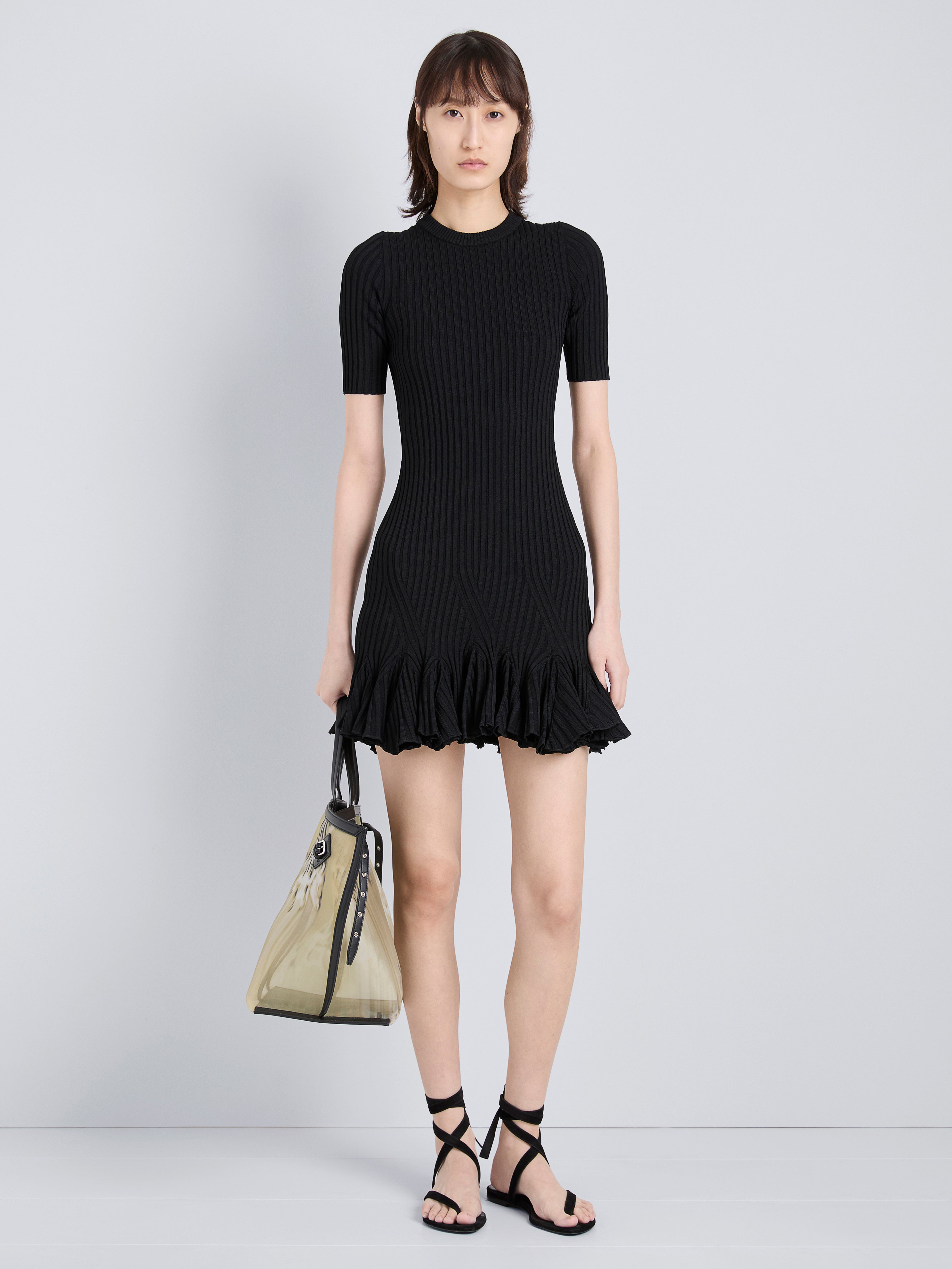 Lena Women's Black Mini Dress | Viscose Ribbed, Flared Hem 1