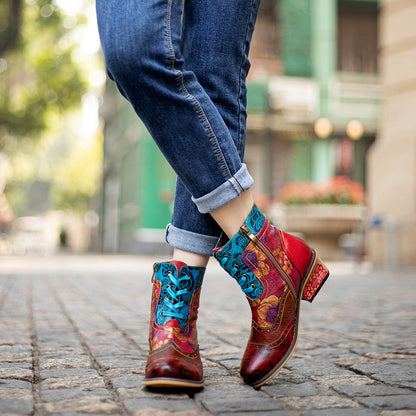 Bottes ethniques rétro décontractées, impression de dentelle, bottes de cowboy à motif foncé