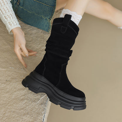 Bottes de style à poils plissés givrés à bout rond et à semelle épaisse